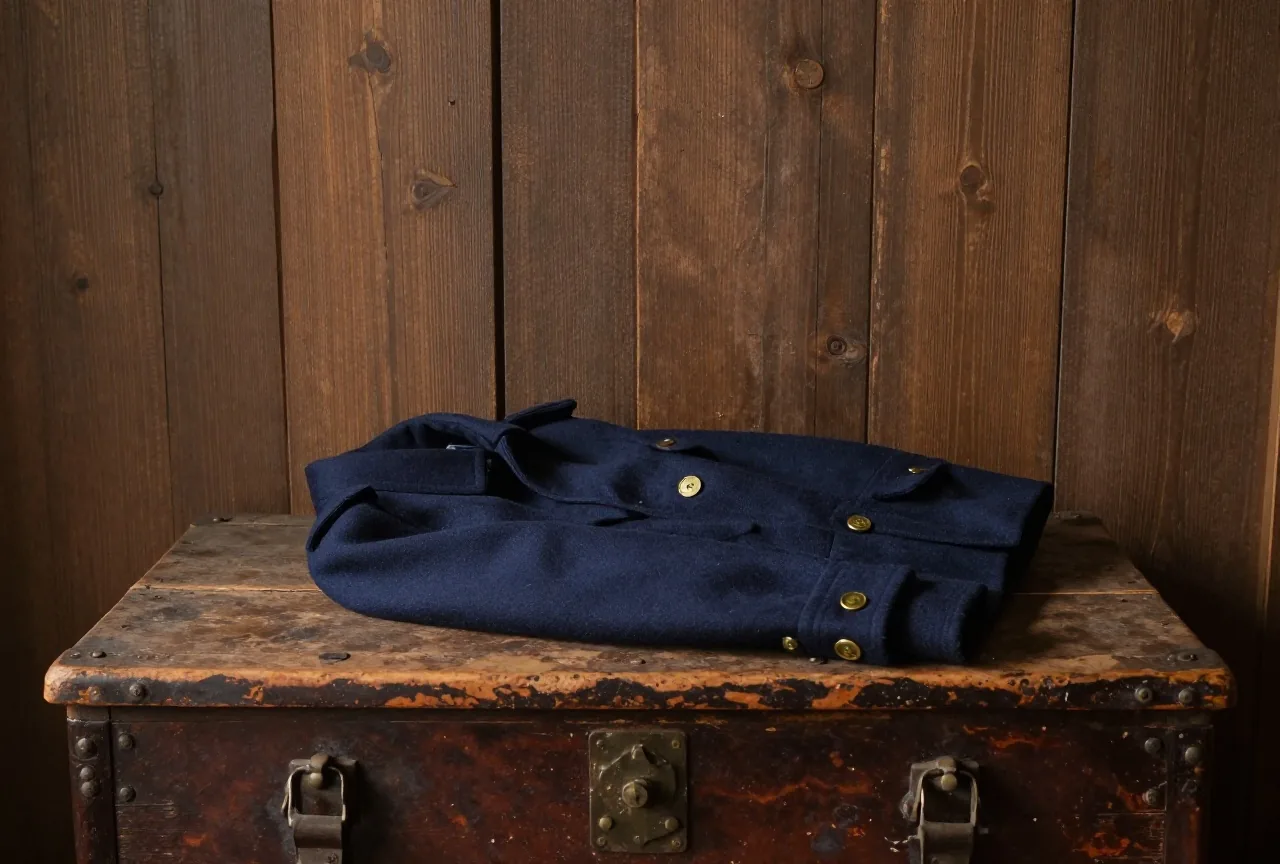 Blaue Uniformjacke aus Wolle mit Messingknöpfen, gefaltet auf einer alten Holztruhe, im warmen Nachmittagslicht