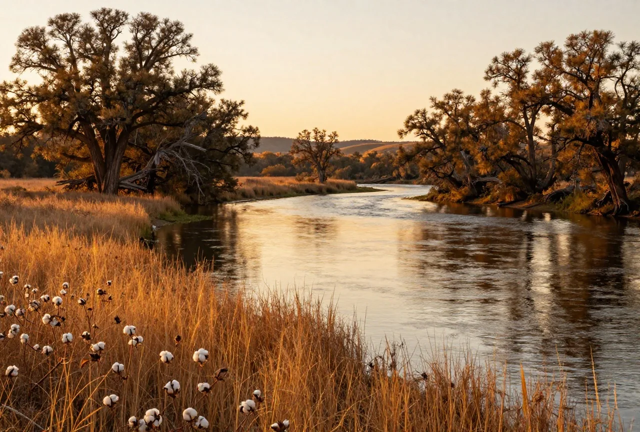 Ruhiger Fluss zwischen Bäumen und Grasland im Abendlicht, ohne Menschen