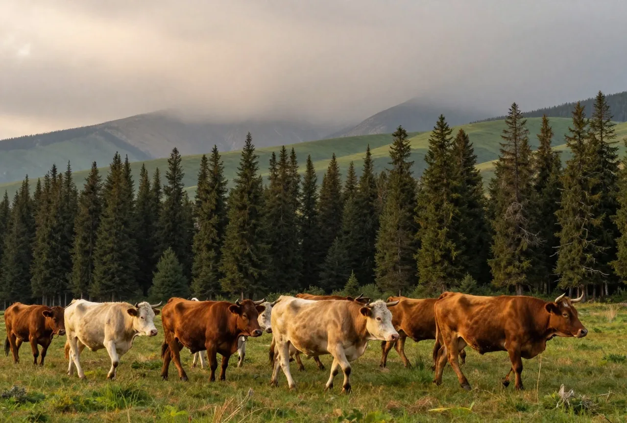 Rinderherde zieht durch nasses Gras am Rand eines dunklen Nadelwalds, Regenwolken über grünen Vorbergen der Rocky Mountains, weiches Abendlicht