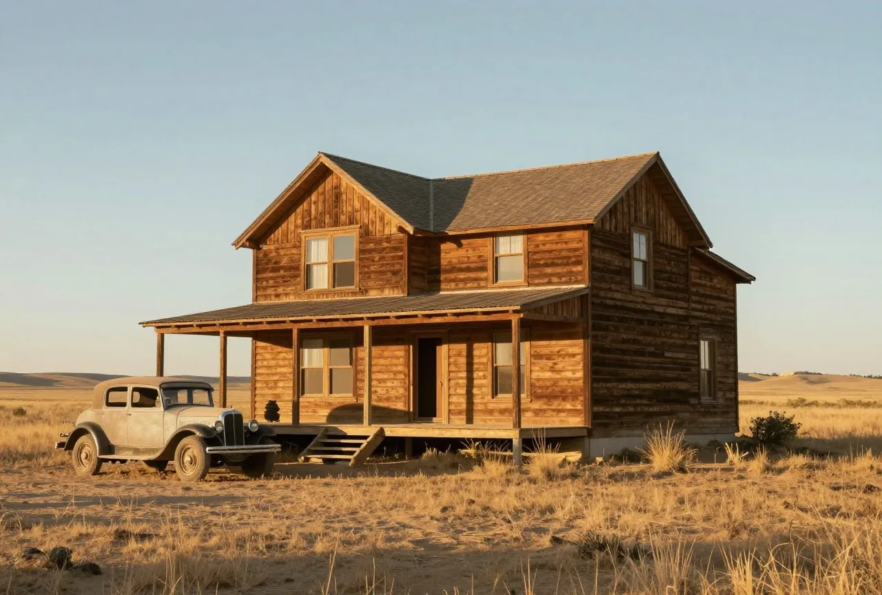 Leeres zweistöckiges Ranchhaus aus Holz mit Veranda auf einer Anhöhe in der Prärie, davor ein altes Automobil der 1920er Jahre im Licht der tief stehenden Sonne
