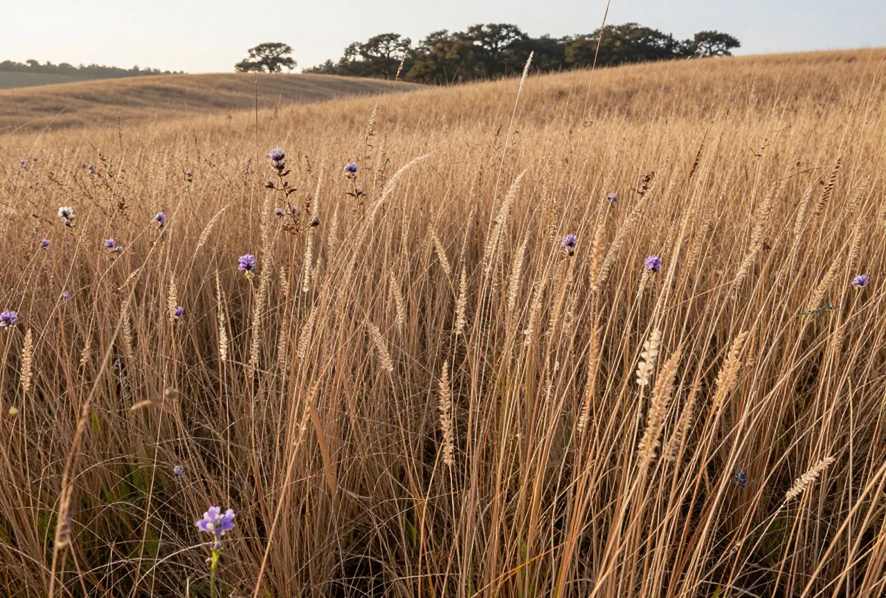 Hohe Präriegräser und kleine violette und weiße Wildblumen auf sanften Hügeln im weichen Licht des frühen Morgens
