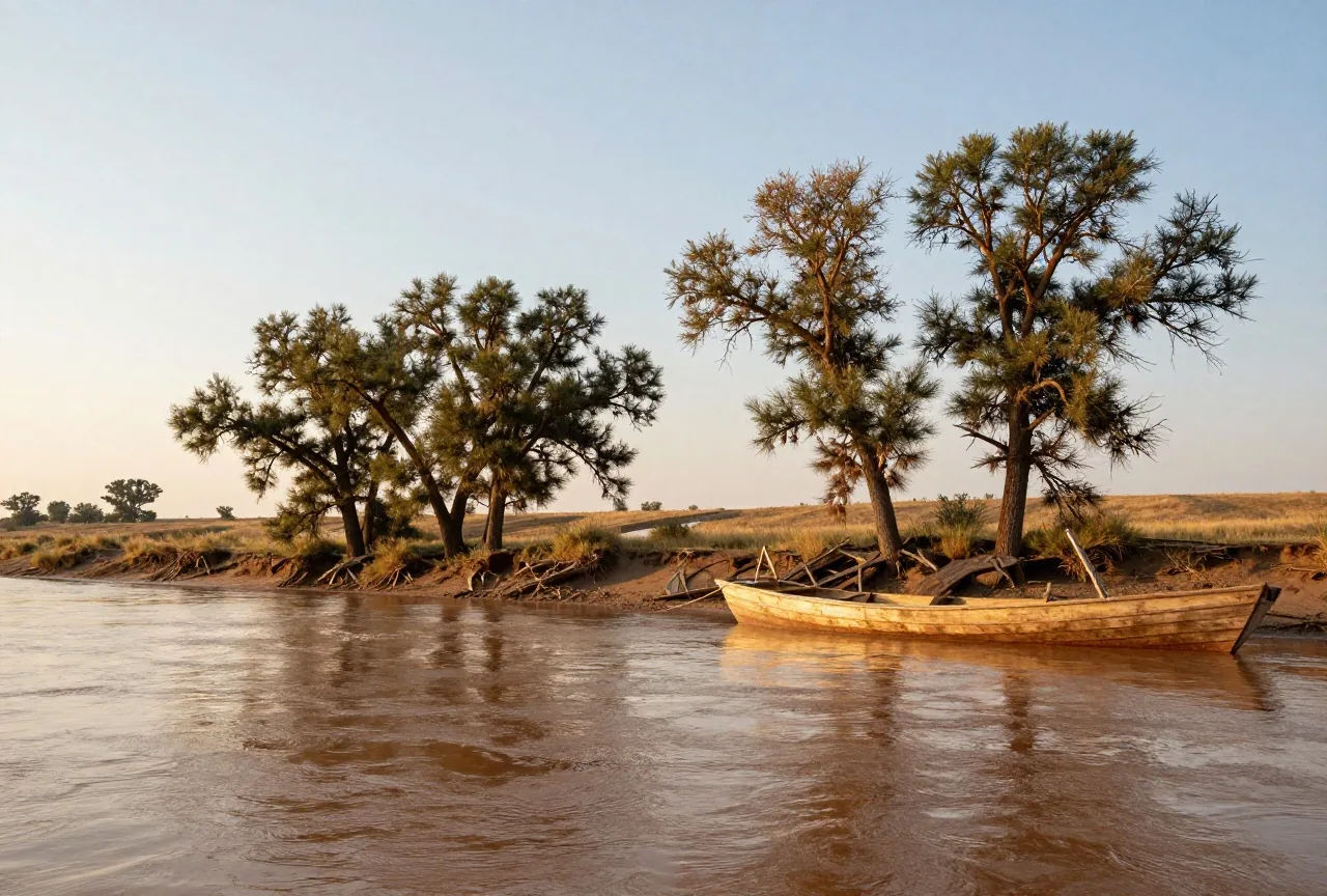 Breiter Fluss mit Pappeln am Ufer und einem hölzernen Kielboot an der Böschung, dahinter weite Prärie unter hohem Himmel im warmen Abendlicht