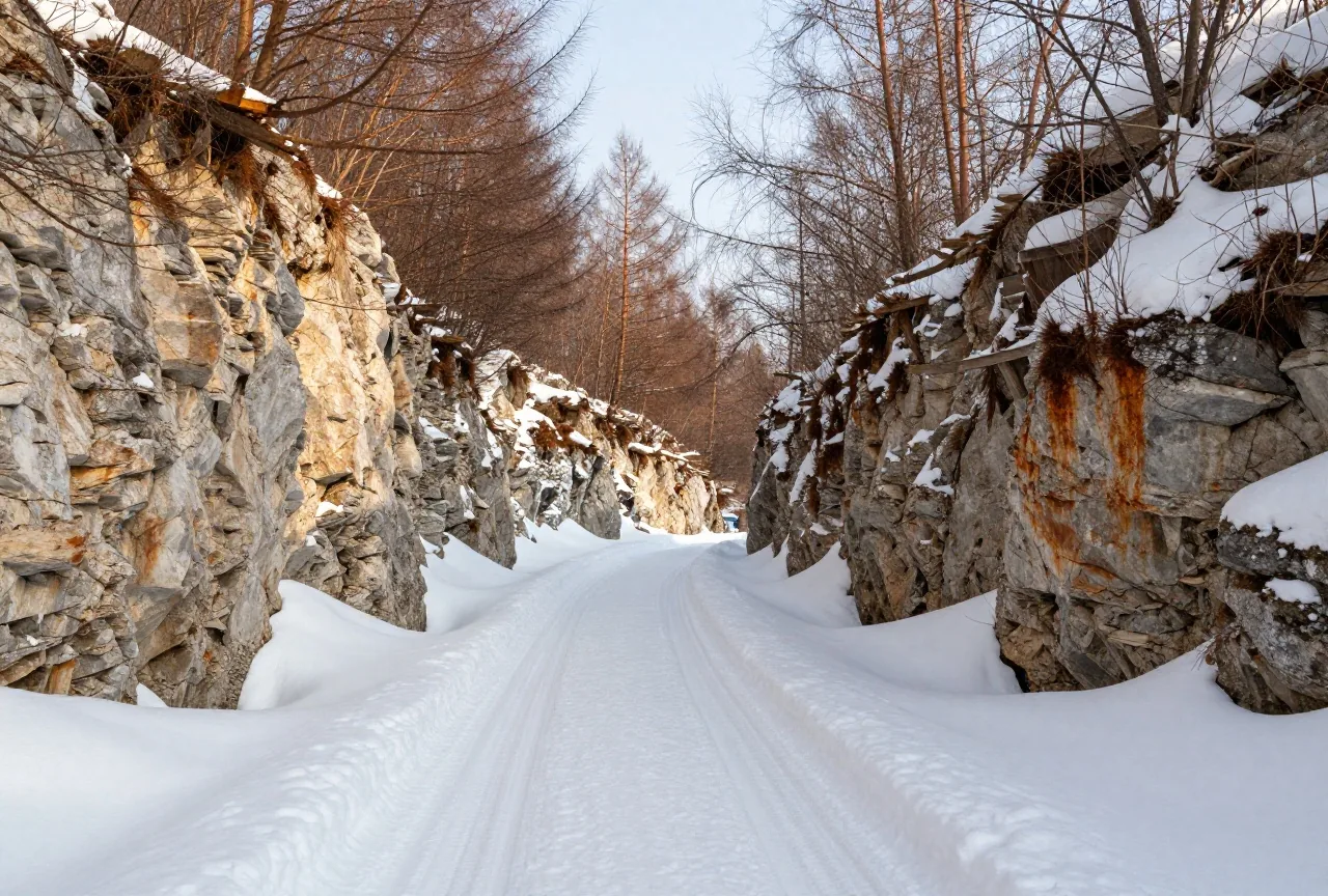 Verschneiter Pass zwischen hellen Kalkfelsen, ein schmaler Fahrweg mit Wagenspuren führt durch tiefen Schnee an Lärchen vorbei, kaltes klares Licht am Nachmittag