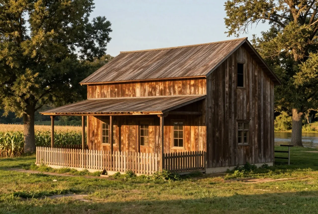 Einfaches Farmhaus aus verwittertem Holz mit überdachter Veranda und Lattenzaun am Rand eines Flusstals, Maisfeld und Laubbäume im Nachmittagslicht