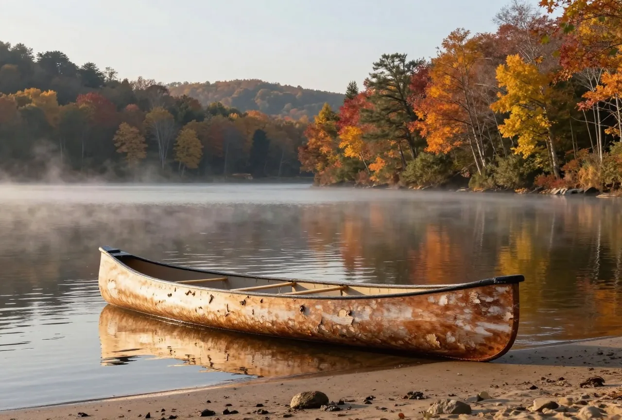 Ufer eines stillen Waldsees zwischen bewaldeten Hügeln, auf dem Wasser liegt ein Rindenkanu, am Ufer stehen Ahorn und Hemlocktannen im Licht der späten Nachmittagssonne