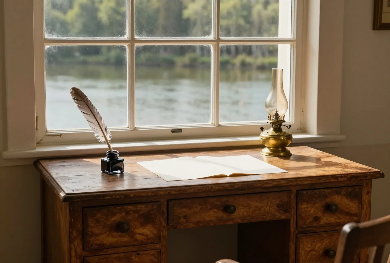 Alter Schreibtisch an einem hohen Fenster mit Tintenfass, Federkiel, Messinglampe und leeren Papierbögen, draußen ein bewaldeter See im warmen Licht des späten Nachmittags