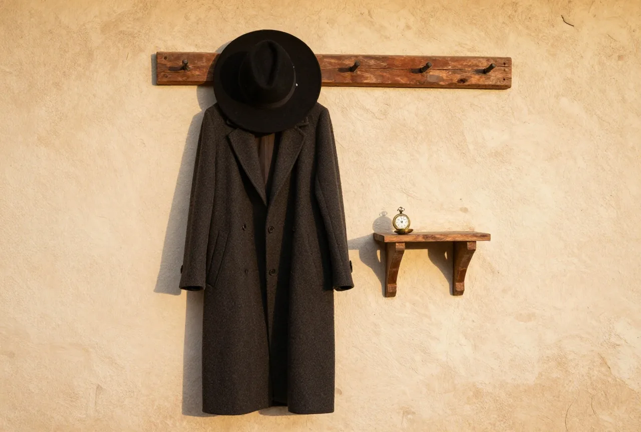 Schwarzer breitkrempiger Hut und langer dunkler Mantel an einem Holzhaken vor einer weiß gekalkten Lehmmauer, daneben auf einem Regal eine kleine Taschenuhr aus Messing, hartes Mittagslicht