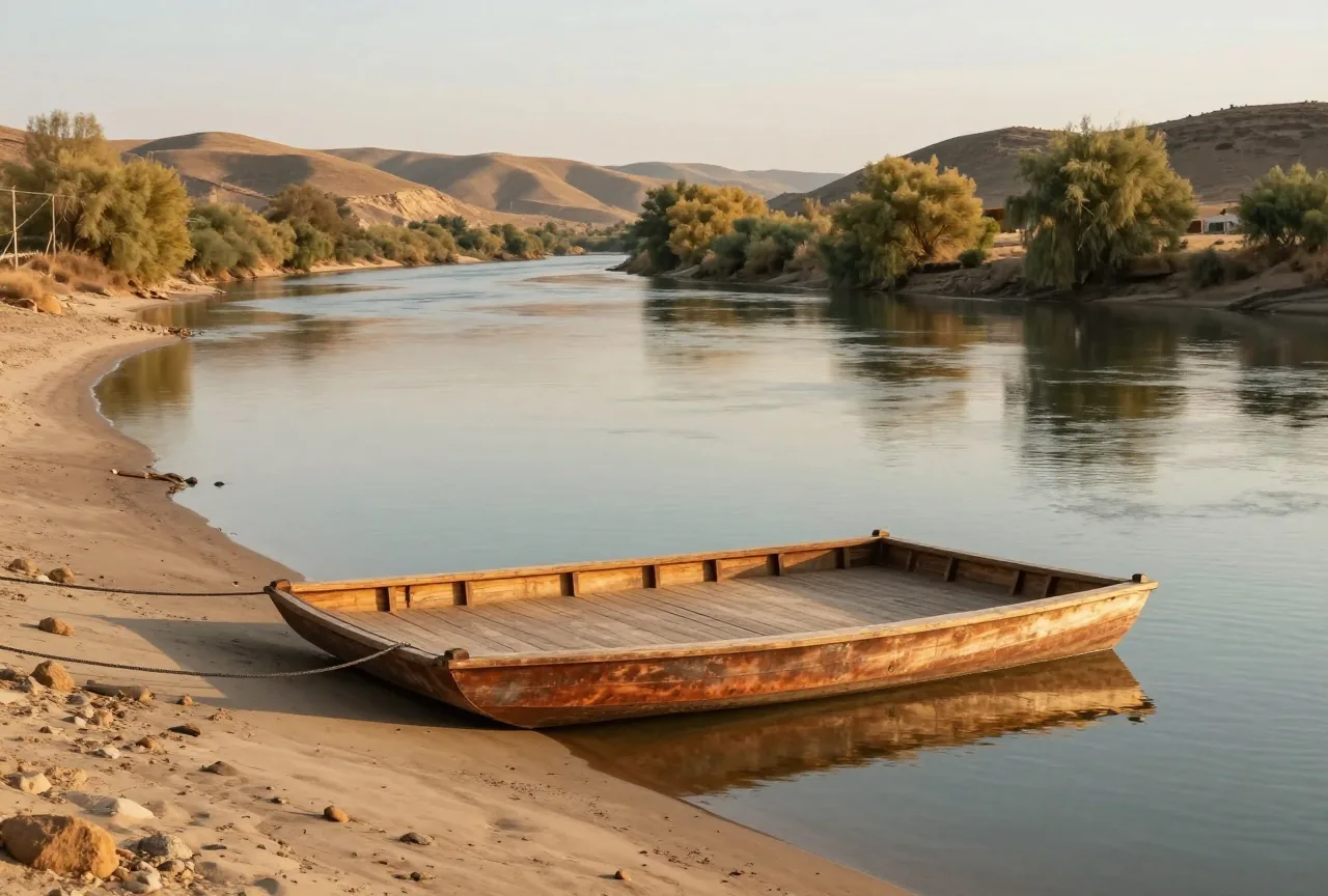 Ein breiter, träger Fluss mit sandigen Ufern und Weiden, eine flache hölzerne Seilfähre liegt leer am Ufer, im Hintergrund trockene Hügel im Abendlicht
