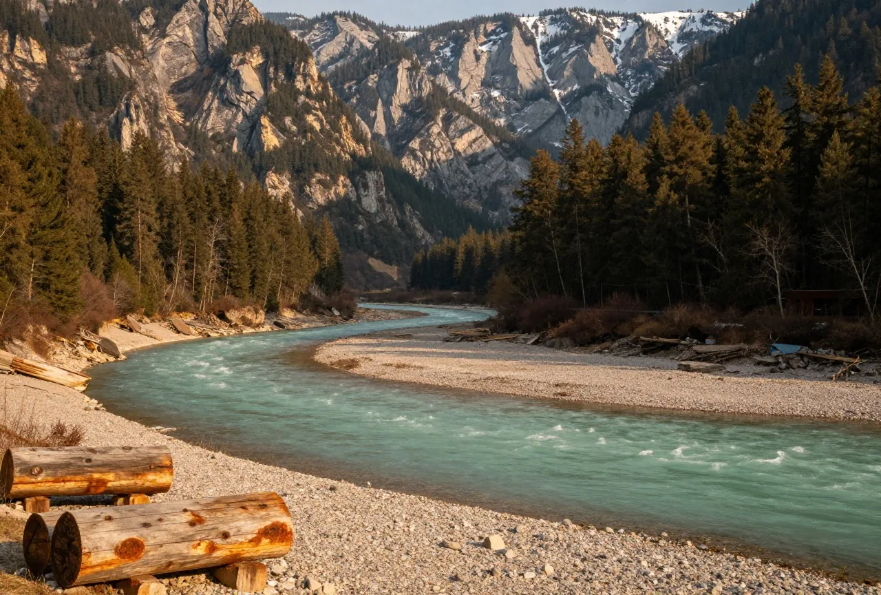 Breiter, türkisfarbener Gebirgsfluss in einem Tal mit dunklem Nadelwald, darüber steile graue Kalkgipfel mit erstem Schnee, im Vordergrund eine Kiesbank