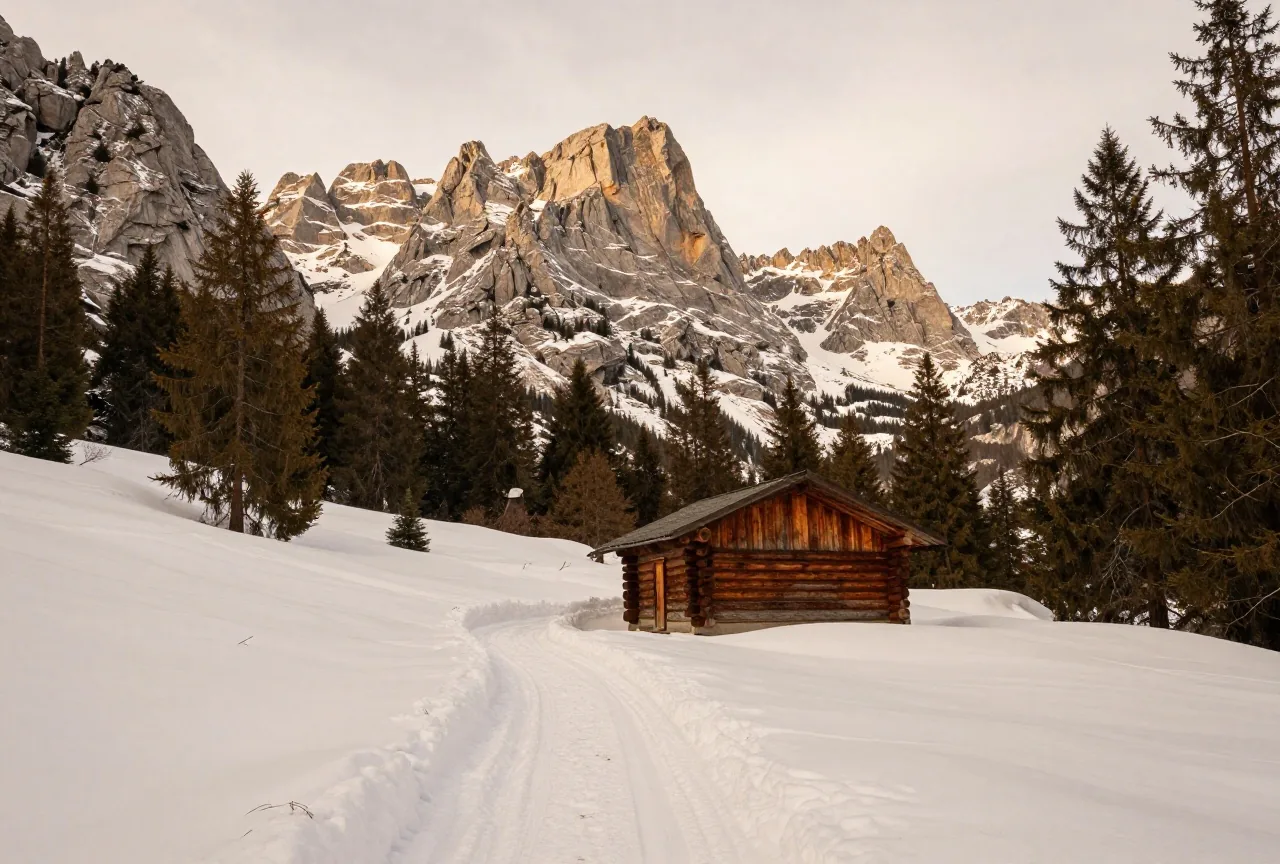 Verschneites Hochtal mit dunklen Fichten unter schroffen hellen Kalkfelsen, eine einzelne Spur im tiefen Schnee führt zu einer Blockhütte