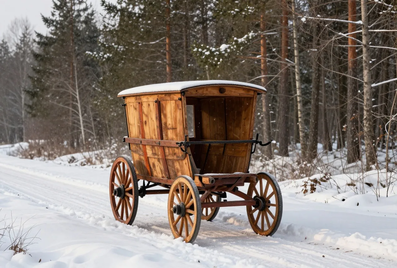 Leere hölzerne Postkutsche auf einem verschneiten Weg am Waldrand, Schneetreiben im grauen Licht eines Wintertags