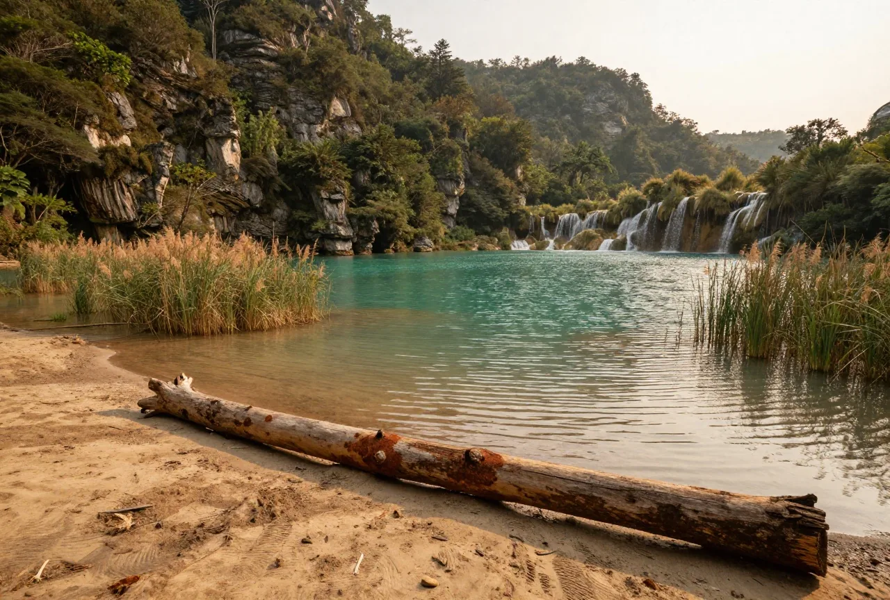Weiter Bergsee mit türkisfarbenem Wasser zwischen bewaldeten Kalksteinhängen, am Ufer Schilf und ein umgestürzter Baumstamm im Abendlicht
