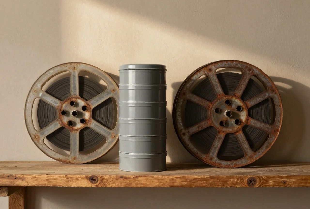 Stapel runder Filmdosen aus Blech ohne Beschriftung auf einem Holzregal, daneben eine alte Filmspule, weiches Licht durch ein Fenster