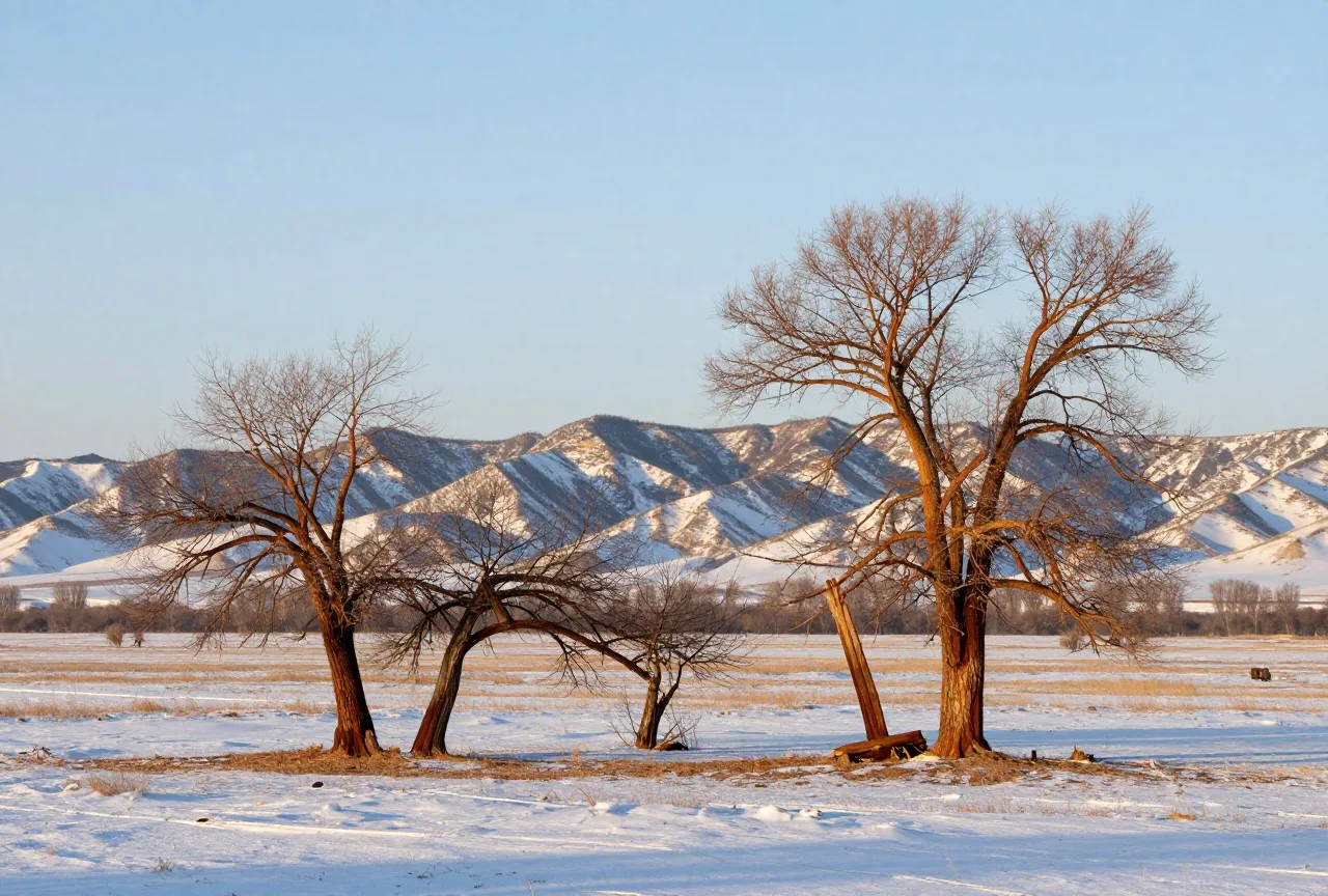 Verschneite Prärie mit kahlen Pappeln vor den Ausläufern der Rocky Mountains unter kaltem Winterhimmel