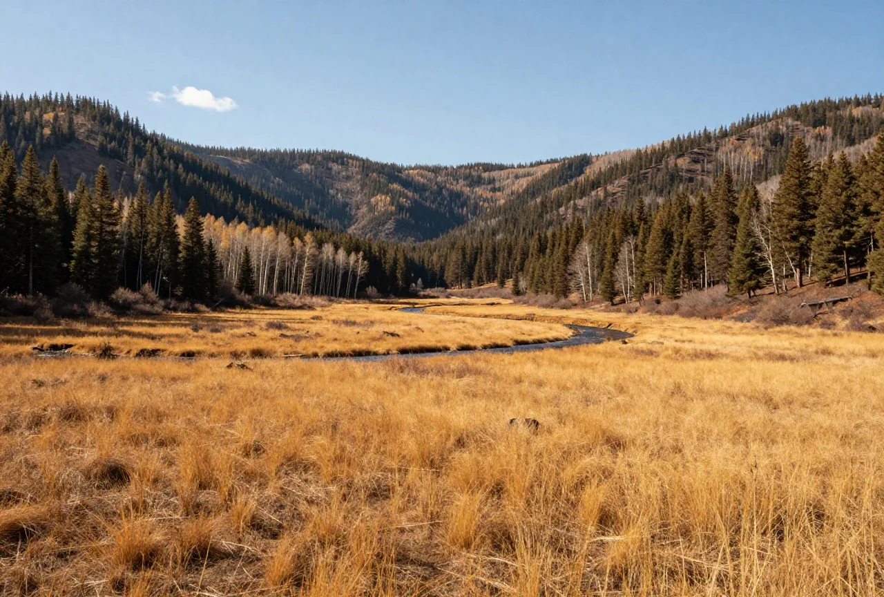 Weite Hochebene mit goldgelbem Gras in einem vulkanischen Becken, umgeben von bewaldeten Bergen unter blauem Himmel