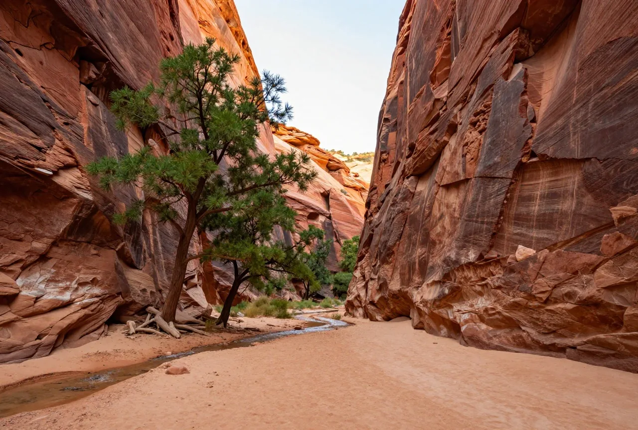 Enger Canyon mit senkrechten roten Sandsteinwänden, auf dem sandigen Grund stehen Pappeln im Nachmittagslicht