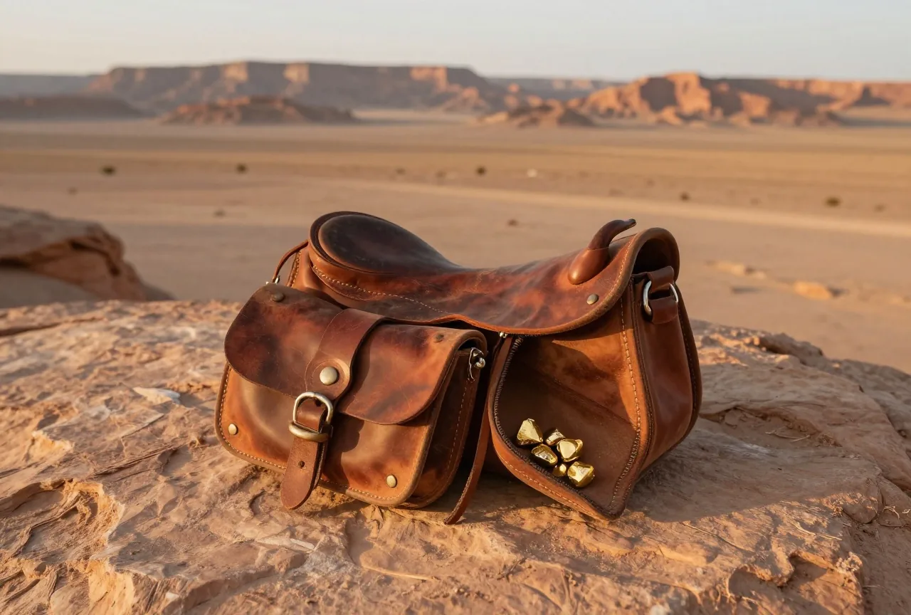 Lederne Satteltaschen auf einem flachen Felsen, aus einer offenen Tasche schimmern einige Goldkörner, dahinter eine Wüstenebene im Abendlicht