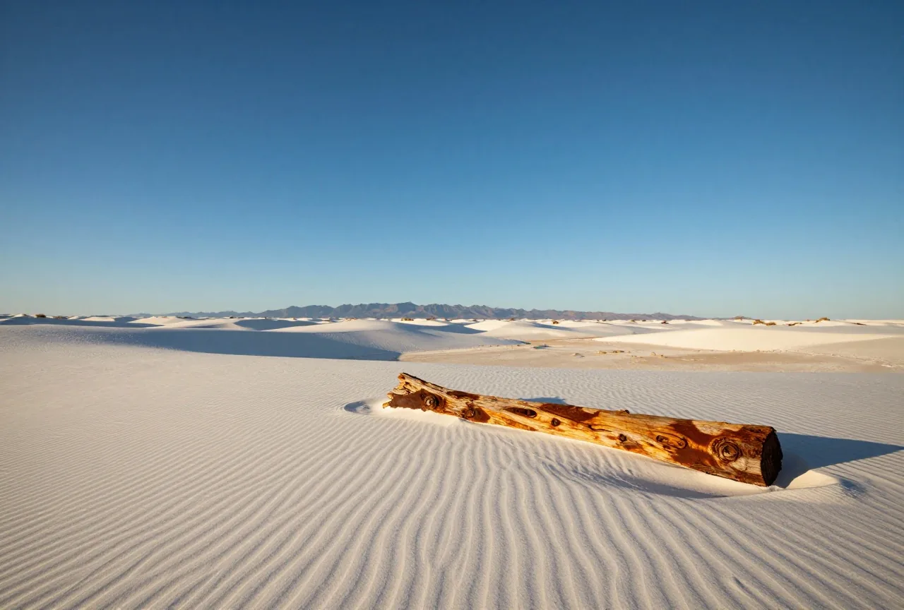 Weite weiße Gipsdünen mit feinen Rippeln unter tiefblauem Himmel, im Hintergrund eine Bergkette im Nachmittagslicht