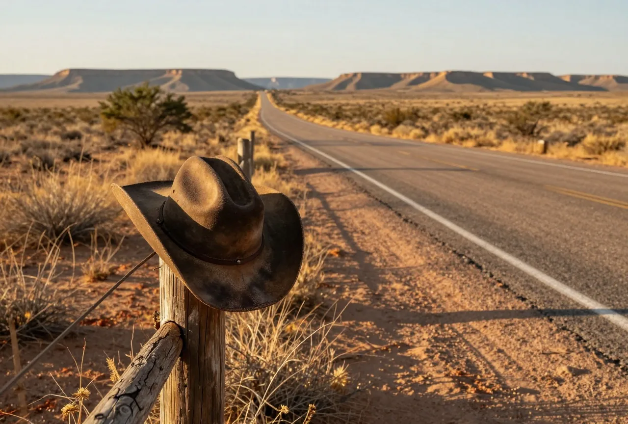 Leere Landstraße durch trockenes Buschland, an einem Zaunpfahl hängt ein abgegriffener Cowboyhut, am Horizont flache Tafelberge im warmen Nachmittagslicht