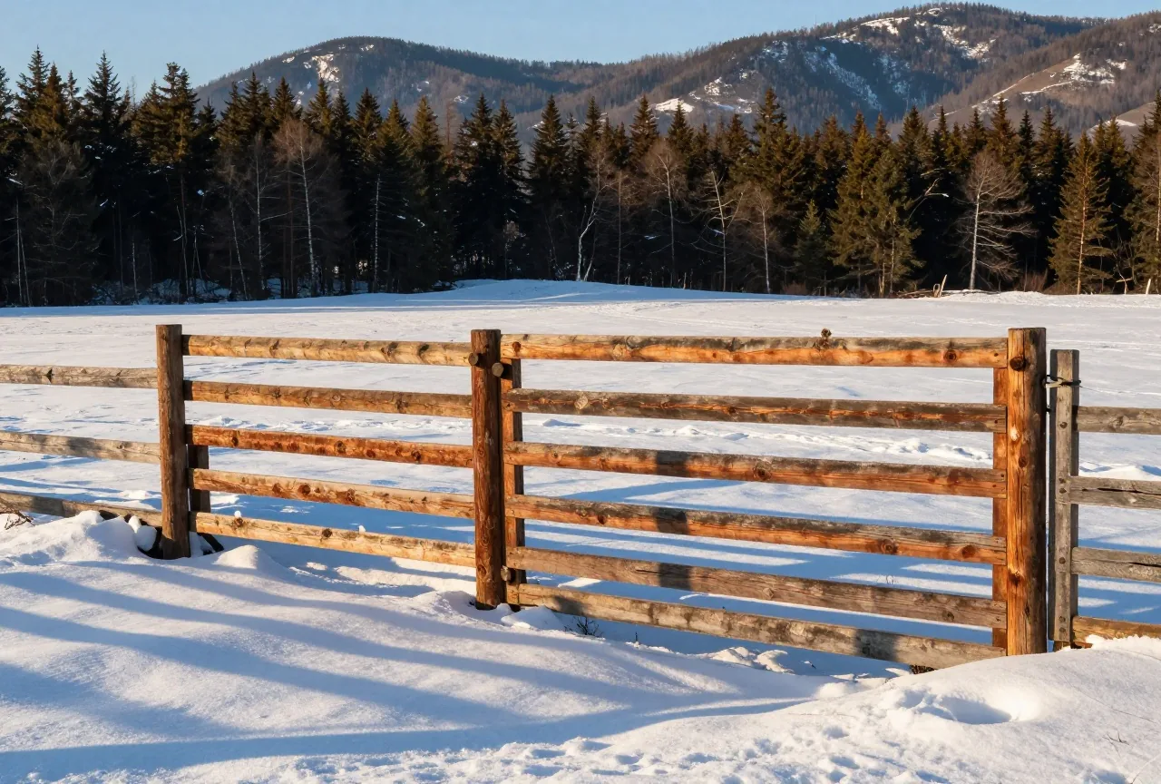 Hölzerner Viehpferch mit offenem Gatter auf einer verschneiten Hochebene, dahinter dunkle Nadelwälder und Berge unter tief stehender Wintersonne