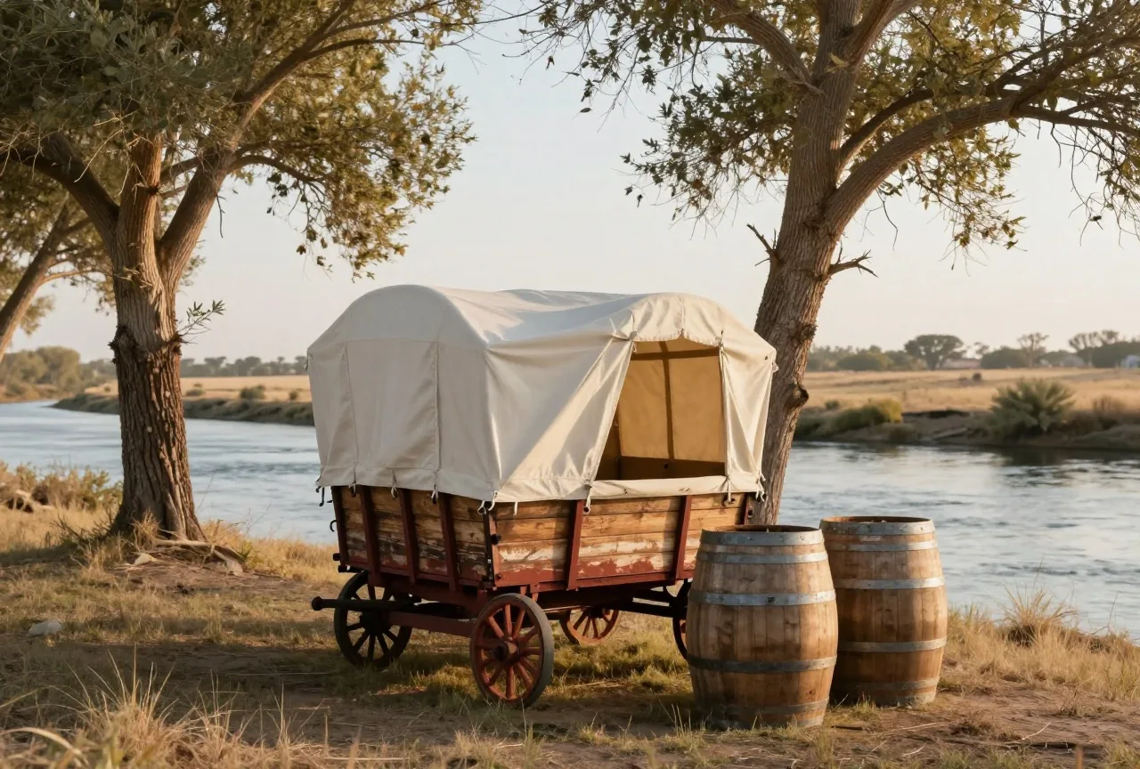 Planwagen mit hellem Segeltuch an einem Flussufer zwischen Pappeln, daneben zwei hölzerne Wasserfässer, dahinter offene Prärie im weichen Morgenlicht