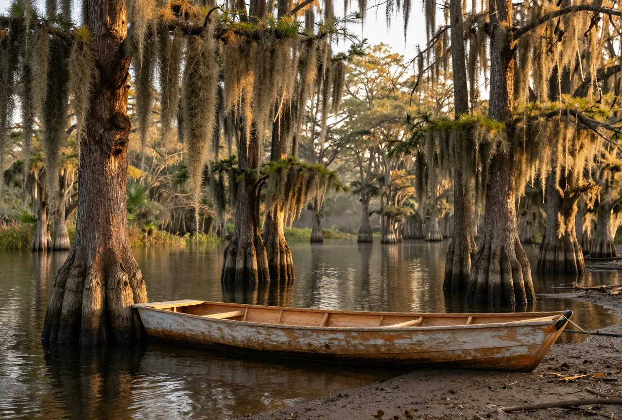 Sumpfzypressen mit herabhängendem Louisianamoos in dunklem, stillem Wasser, ein flaches Holzboot an einem schlammigen Ufer im weichen Abendlicht