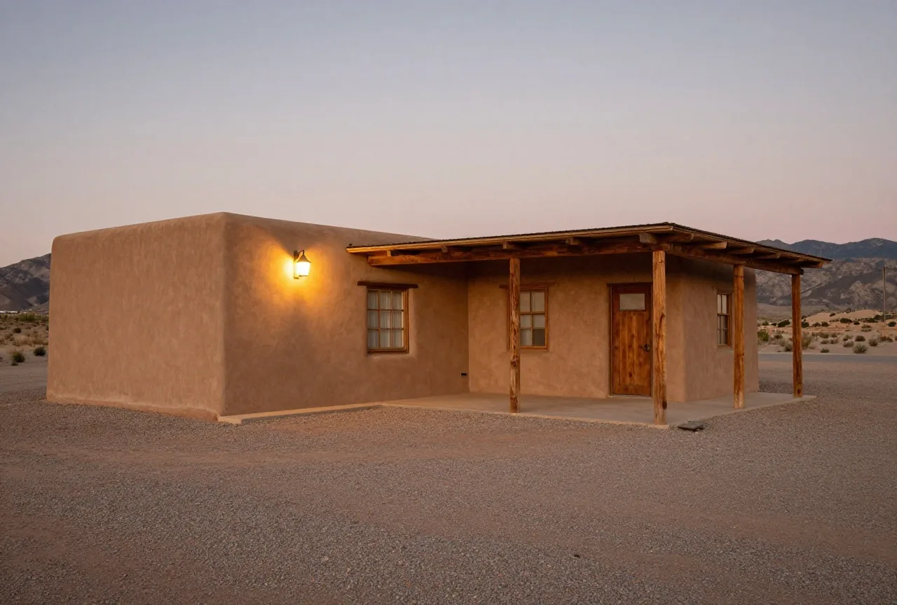 Leerer Innenhof eines kleinen Motels im Hochland von New Mexico in der Dämmerung, schlichte Lehmwände ohne Schilder, eine einzelne Lampe und Berge in der Ferne