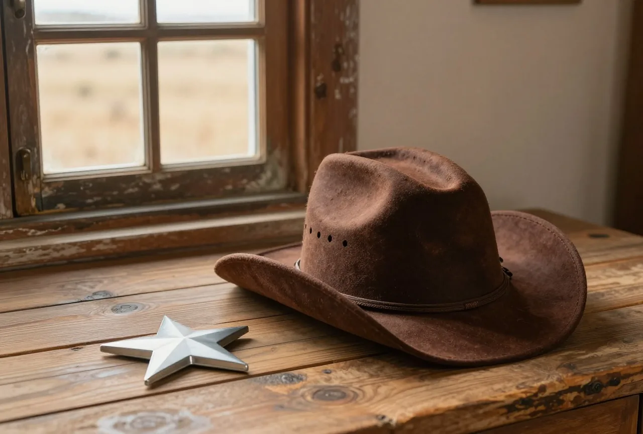 Abgegriffener Cowboyhut und ein Sheriffstern ohne Gravur auf einem Holzschreibtisch am Fenster, draußen trockenes Weideland im Nachmittagslicht