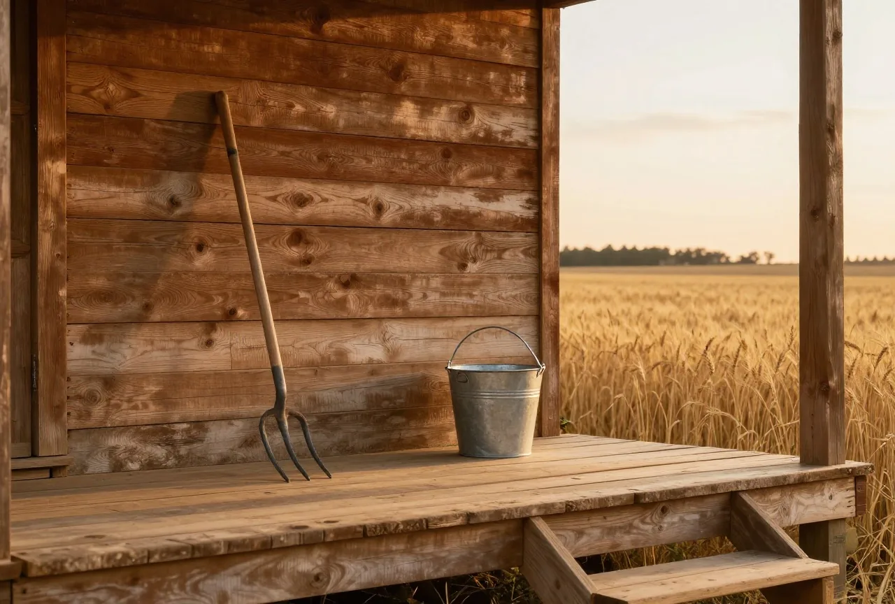 Holzveranda eines einfachen Farmhauses, an der Wand lehnt eine Mistgabel, daneben ein Wassereimer, im Hintergrund ein Weizenfeld im Abendlicht