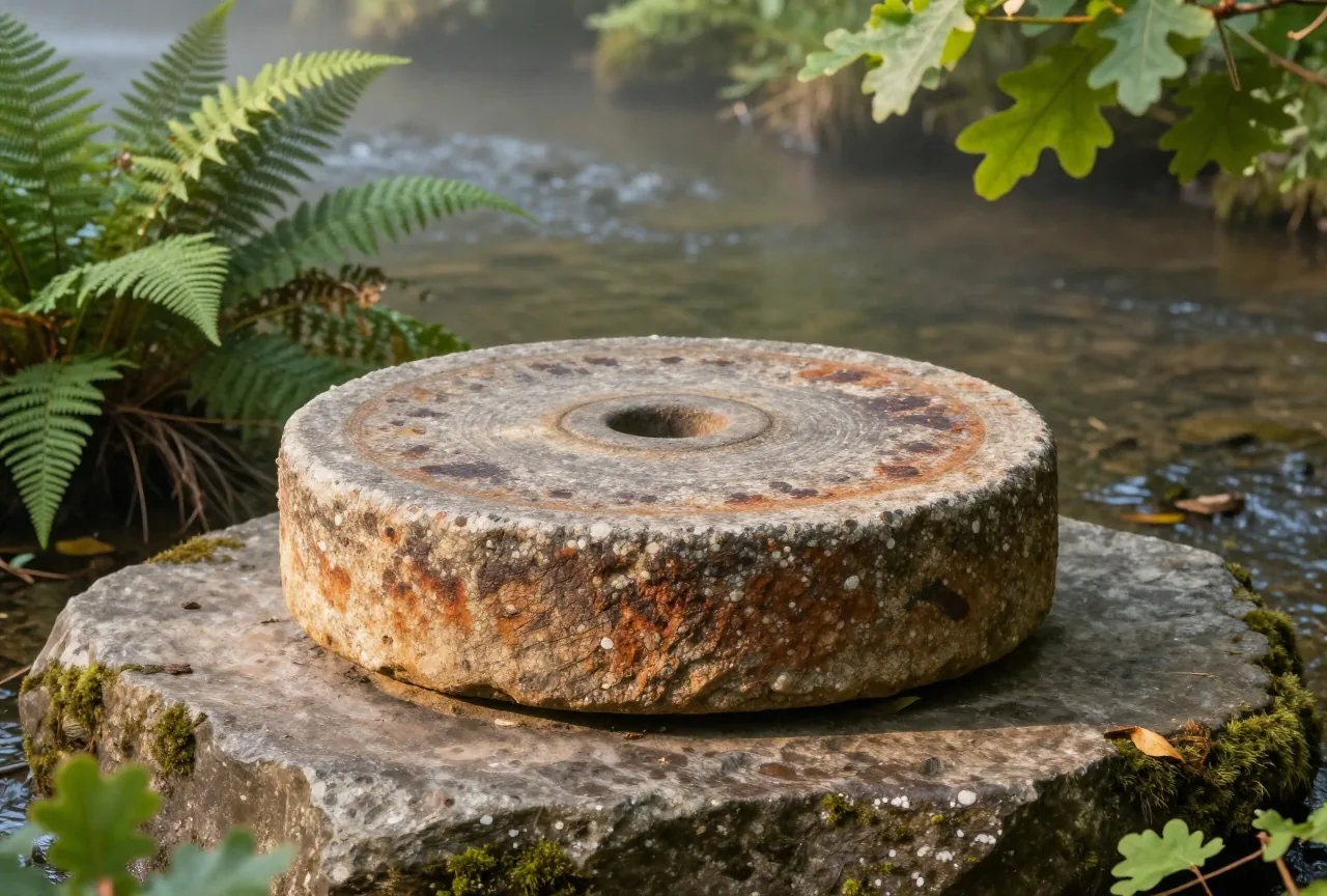 Alter Mühlstein aus Naturstein auf einem moosigen Felsen neben einem ruhigen Bach im weichen Morgenlicht