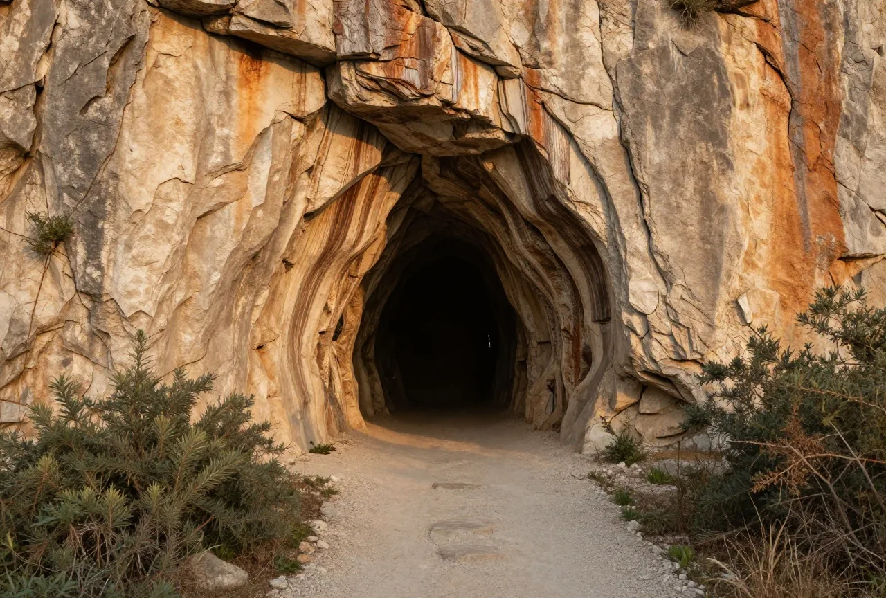Dunkler Eingang einer kleinen Höhle in einer Spalte einer hellen Kalkwand, davor ein schmaler steiniger Pfad und niedrige Sträucher im Nachmittagslicht