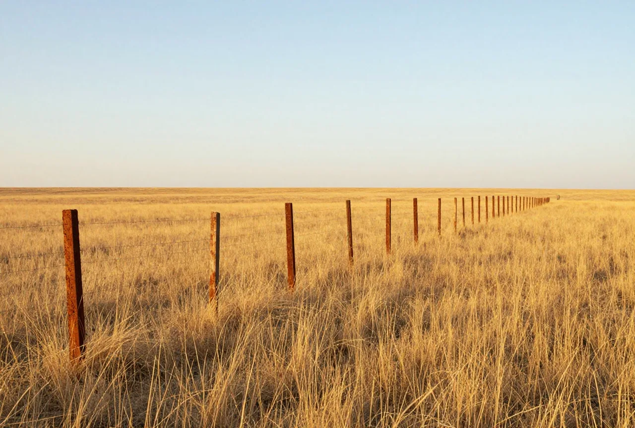 Weite flache baumlose Hochebene mit kurzem trockenem Gras, eine Reihe verwitterter Holzpfähle zieht sich bis zum Horizont, warmes Licht am späten Nachmittag
