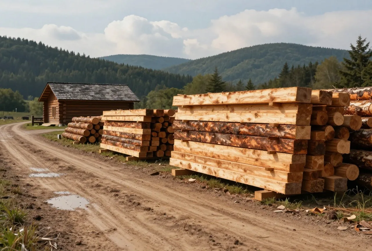 Schlammige Straße mit Pfützen nach dem Regen, daneben Stapel frisch gesägter Bretter und Haufen von Rundholz, in der Ferne eine Blockhütte, dahinter bewaldete Hügel unter abziehenden Wolken