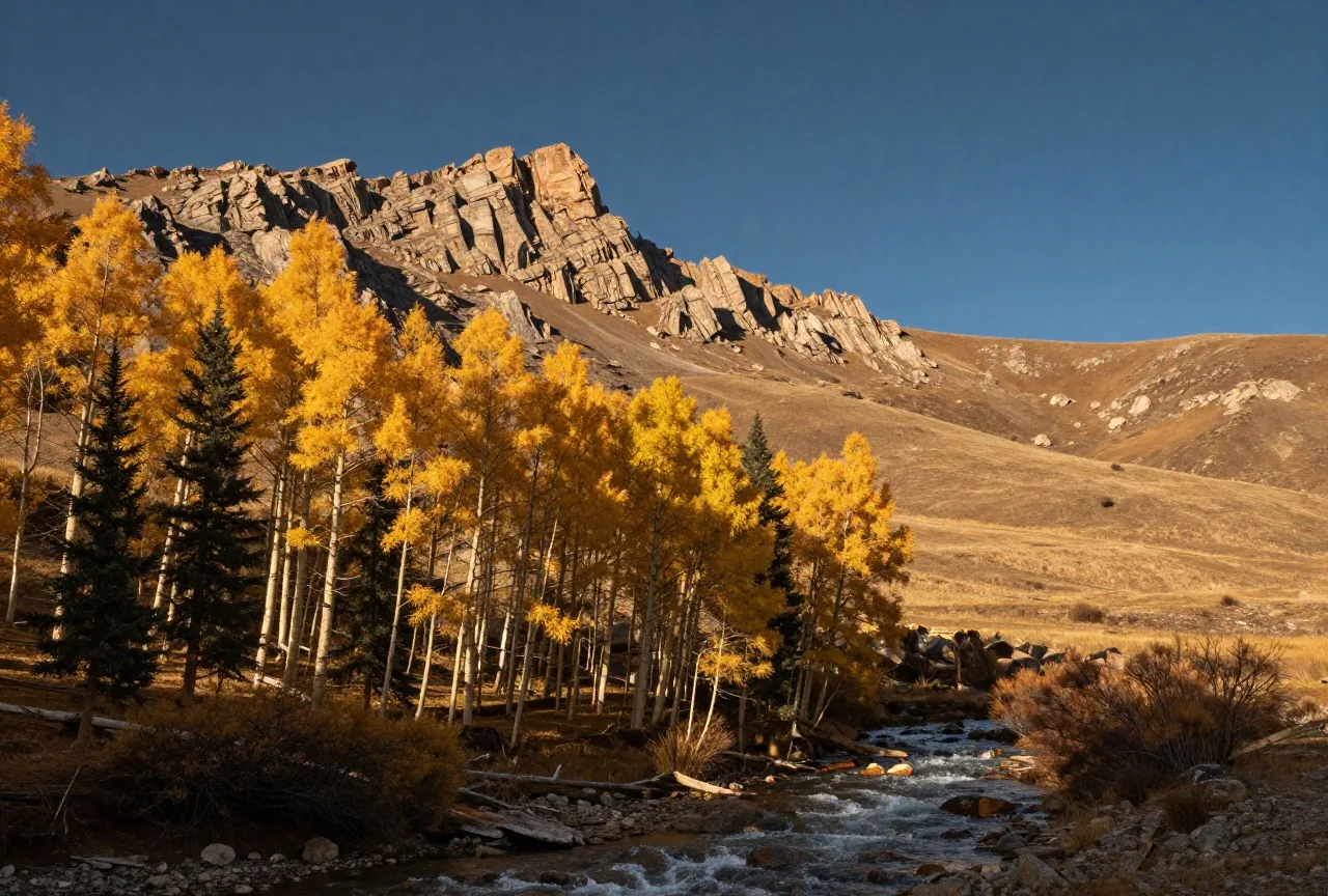 Herbstlich gelbe Espen und dunkle Nadelbäume an einem Gebirgsbach, darüber ein kahler, zackiger Bergkamm unter blauem Himmel im Nachmittagslicht