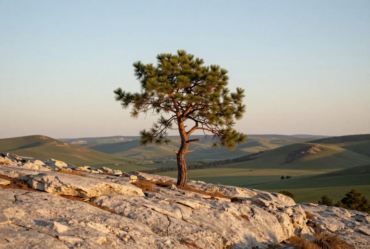 Einzelne Kiefer auf einem hellen Kalkfelsen über einem stillen Tal im Abendlicht