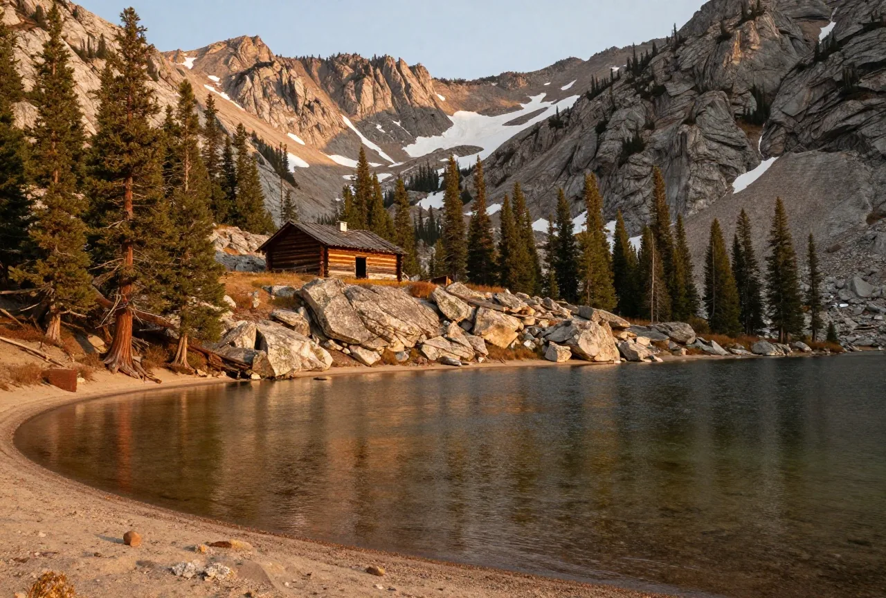 Klarer Bergsee mit Kiefern am Ufer, im Hintergrund kahle Granitgipfel der Sierra Nevada mit Schneeresten, an einem Hang die Reste einer Goldgräberhütte aus Holz, warmes Abendlicht