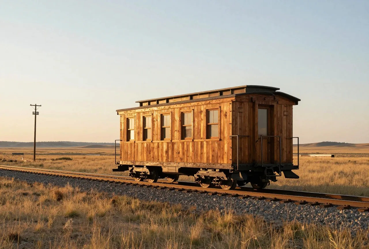 Hölzerner Expresswagen eines Dampfzugs an einer einsamen Wasserstation in der Hochebene von Wyoming, Gleise und Telegrafenmasten verlieren sich im Grasland unter tiefer Abendsonne