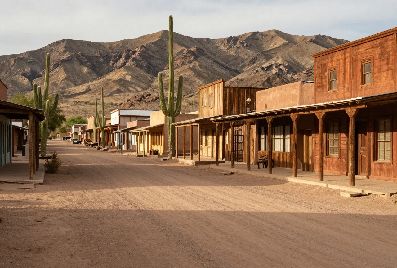Breite, staubige Hauptstraße einer Westernstadt mit Fassaden aus Lehm und Holz, dahinter Saguaro-Kakteen und kahle Berge im Nachmittagslicht