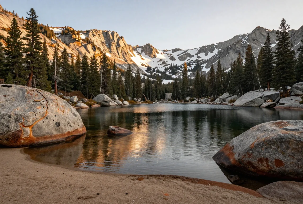 Bergsee in der High Sierra mit grauen Granitfelsen, hohen Kiefern am Ufer und schneebedeckten Gipfeln im Hintergrund am späten Nachmittag