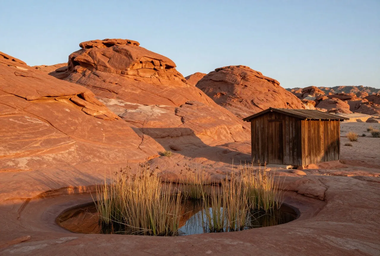 Rote Sandsteinfelsen in einer Wüste in Nevada, davor ein kleines Wasserloch mit Schilf und eine verwitterte Holzhütte im warmen Licht des späten Nachmittags