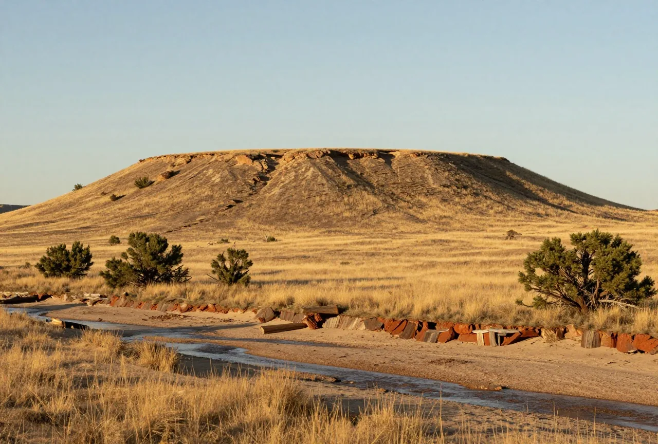 Weite, mit Gras bewachsene Hochebene in New Mexico mit einem flachen Tafelberg, Wacholderbüschen und einem trockenen Flussbett im Nachmittagslicht