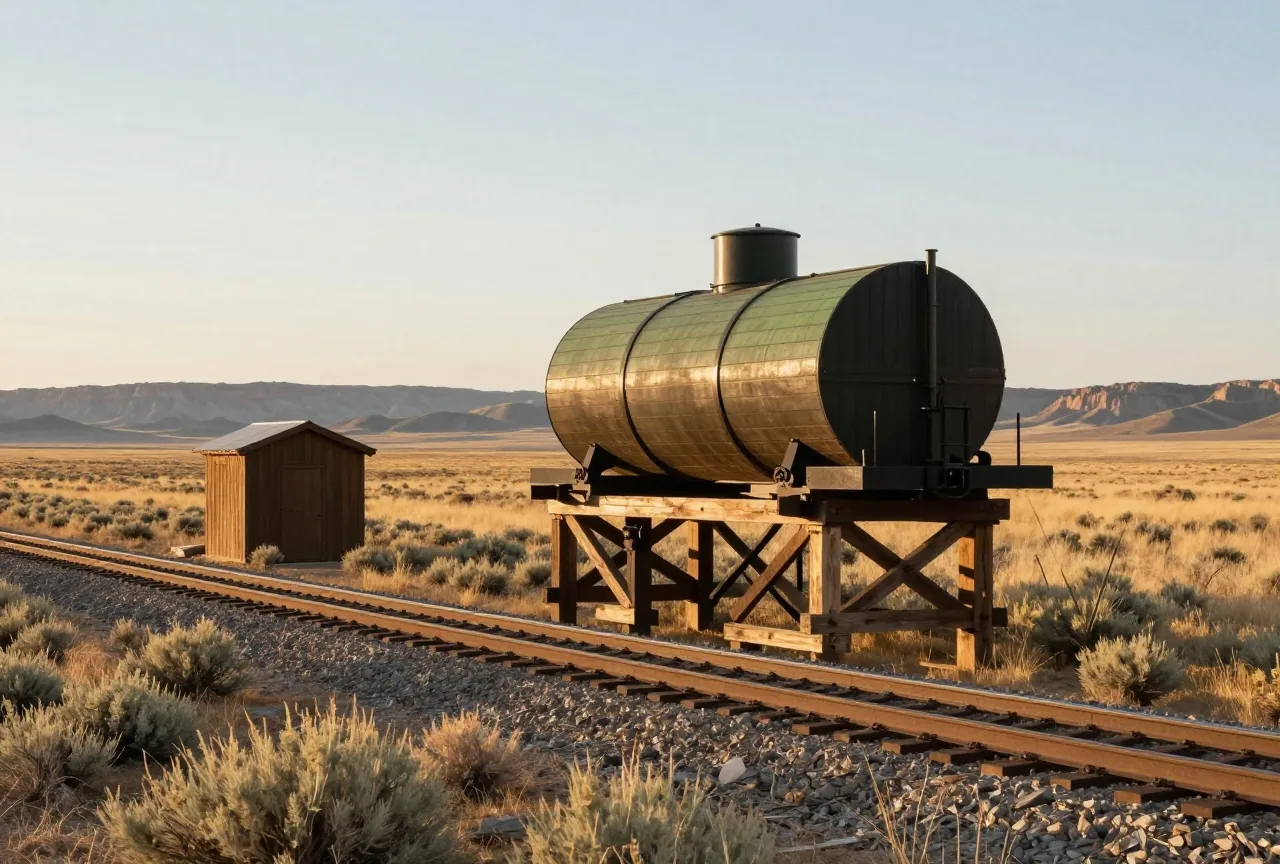Hölzerner Wassertank auf Stelzen neben einem einzelnen Gleis in einer trockenen Ebene
