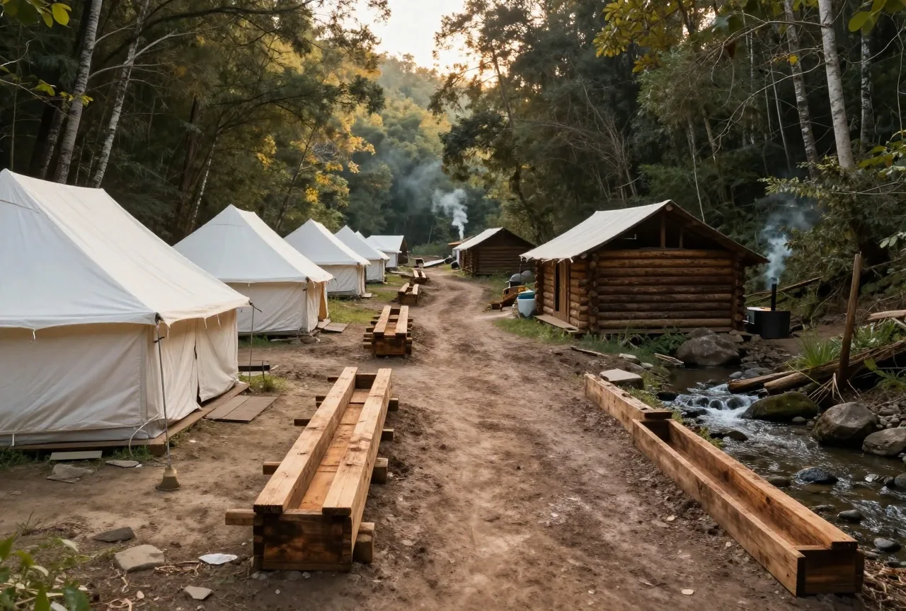 Zeltlager in einer engen, bewaldeten Schlucht mit Zelten aus hellem Segeltuch, Blockhütten und hölzernen Waschrinnen an einem Bach