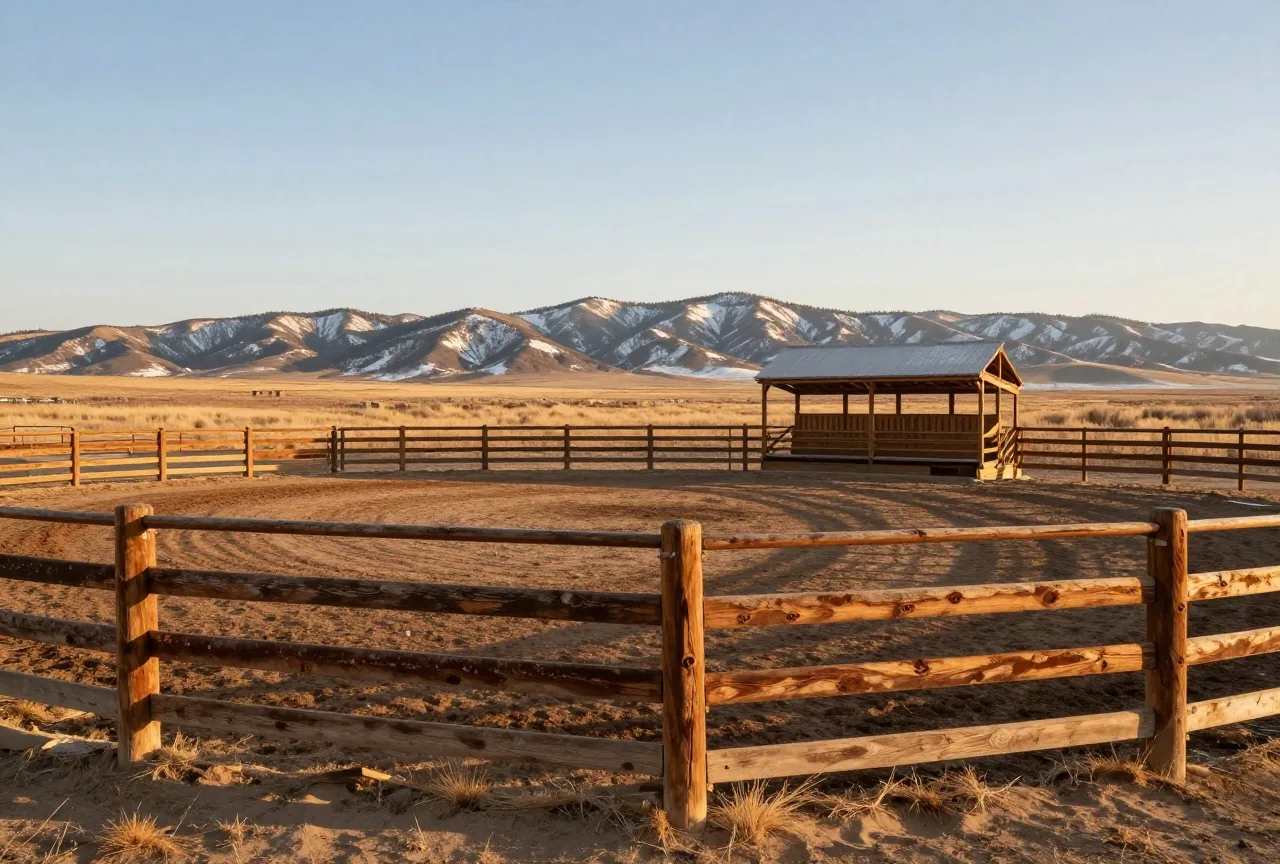 Leere Rodeoarena mit verwitterten Holzzäunen und einer kleinen Tribüne auf einem Festgelände, dahinter Berge im goldenen Abendlicht