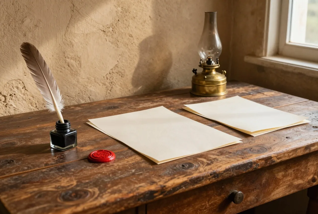 Schreibtisch eines Landbüros mit Gänsefeder, Tintenfass, Siegellack und gefalteten leeren Papierbögen im Schein einer Öllampe