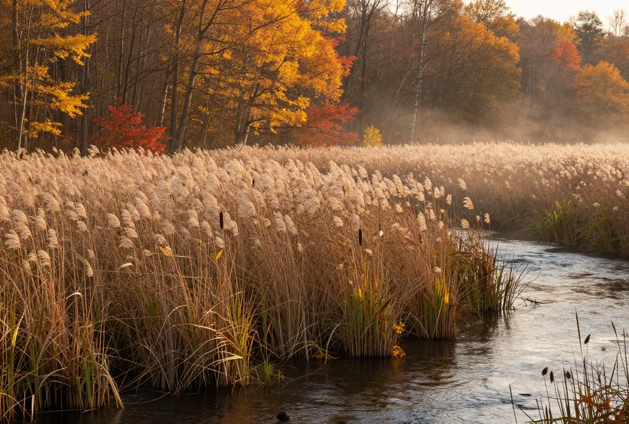 Sumpfige Wiese am Rand eines Buchenwalds an einem langsam fließenden Fluss, Herbstnebel über dem Schilf, warmes Licht der späten Nachmittagssonne