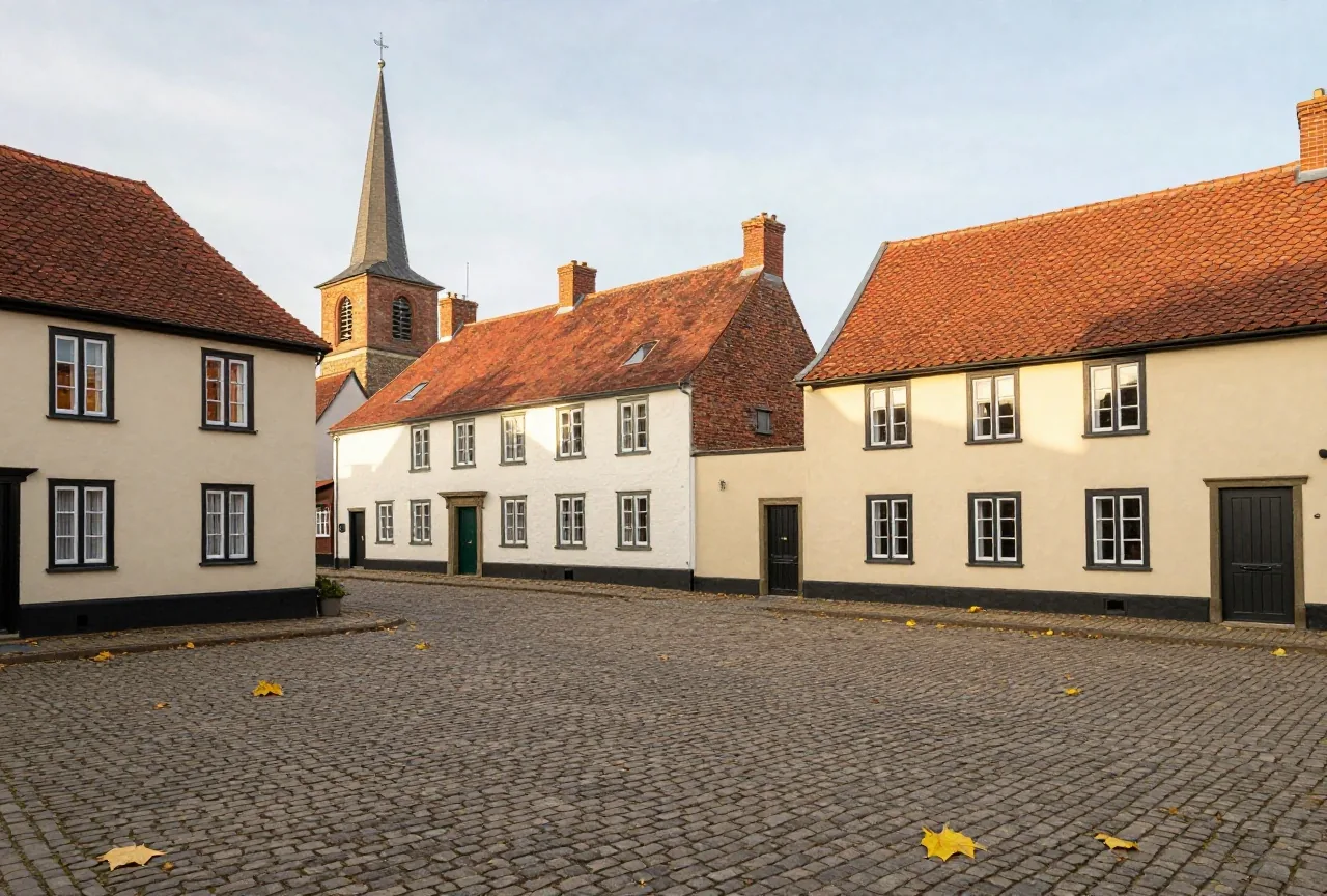 Kopfsteingepflasterter Marktplatz einer kleinen Landstadt mit hellen zweistöckigen Bürgerhäusern und einem Kirchturm im ruhigen Licht eines Herbstnachmittags