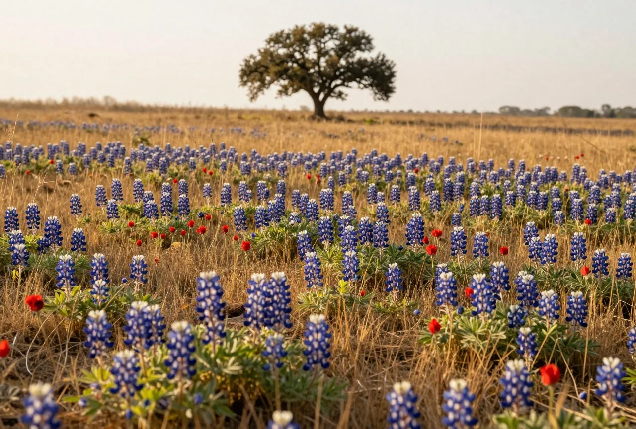 Blühende Wiese in Texas mit blauen Lupinen und einzelnen roten Wildblumen im goldenen Gras, im Hintergrund eine einzelne Eiche unter hellem Himmel