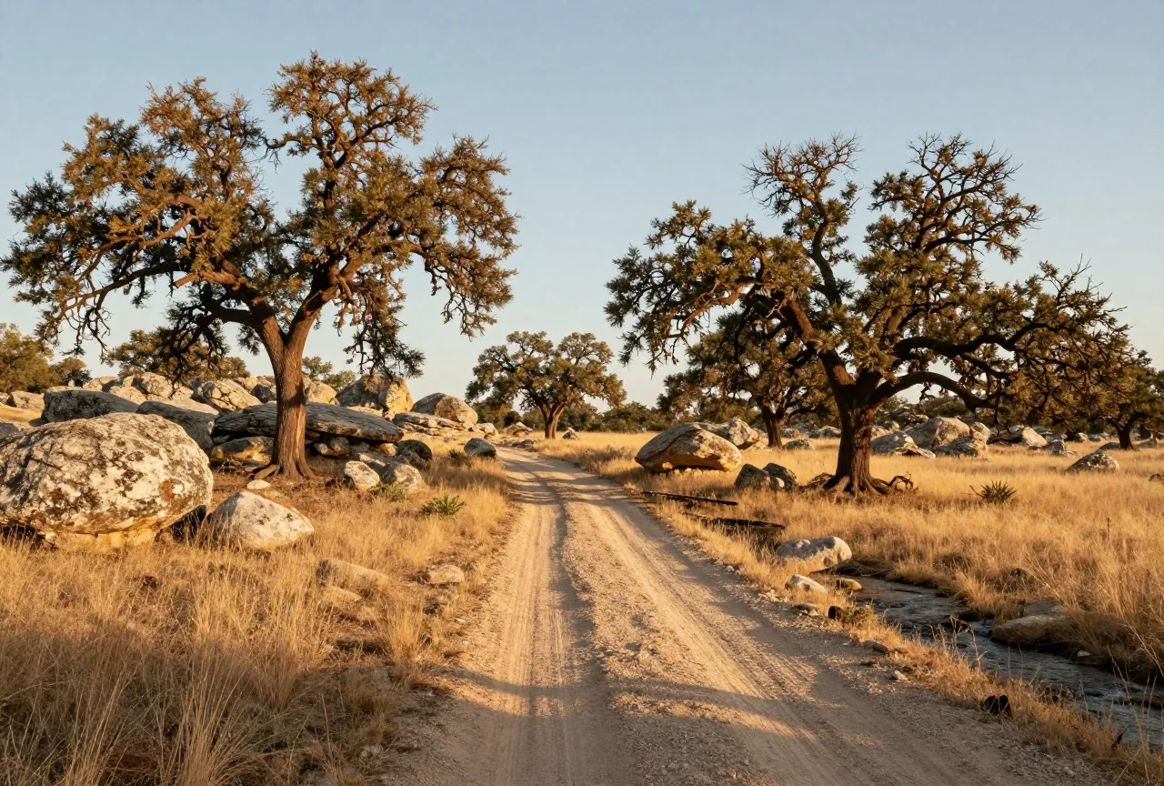 Hügelland mit knorrigen Eichen und Kalksteinbrocken auf trockenem Grasland in Zentraltexas, ein Feldweg führt zu einem Bach, warmes Licht am späten Nachmittag