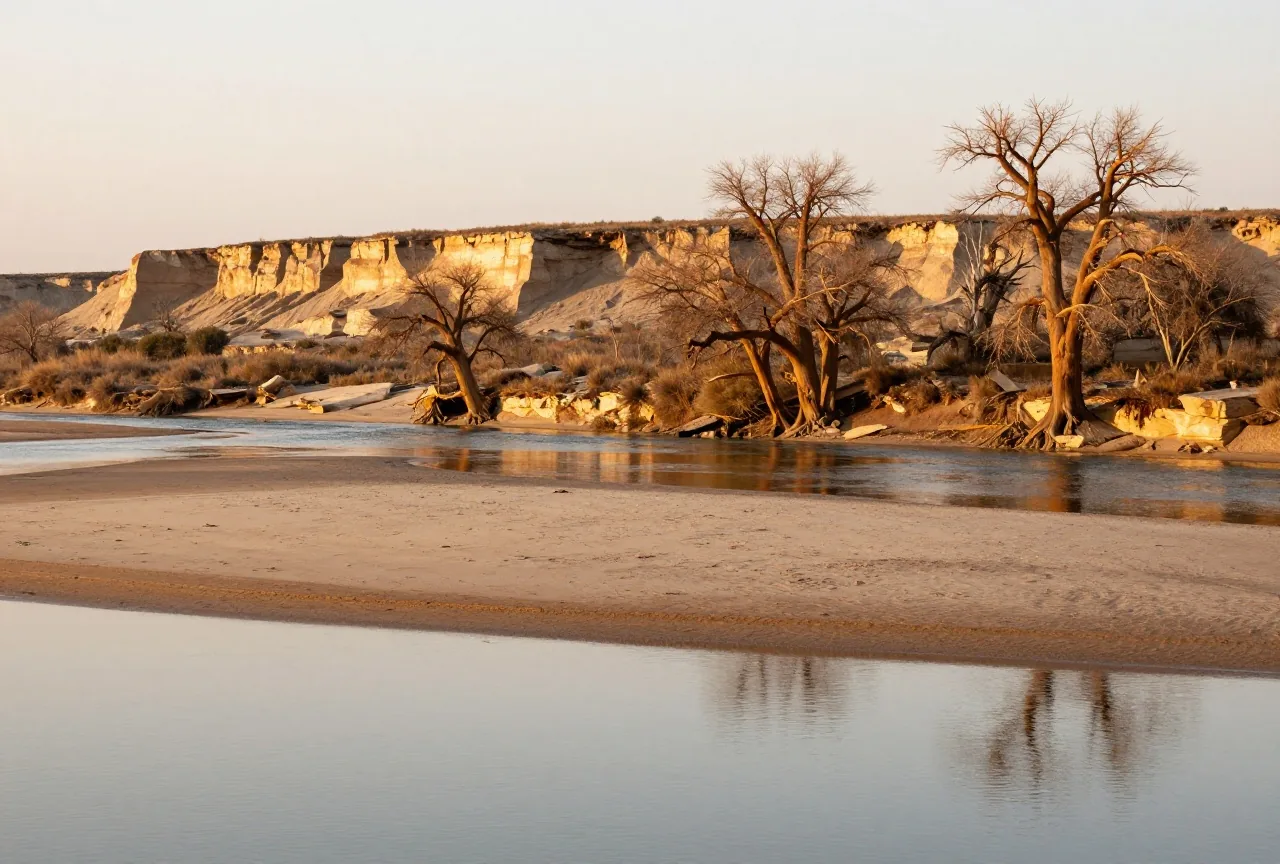 Breiter, flacher Fluss mit Sandbänken und Pappeln am Ufer, dahinter eine Sandsteinklippe im goldenen Abendlicht